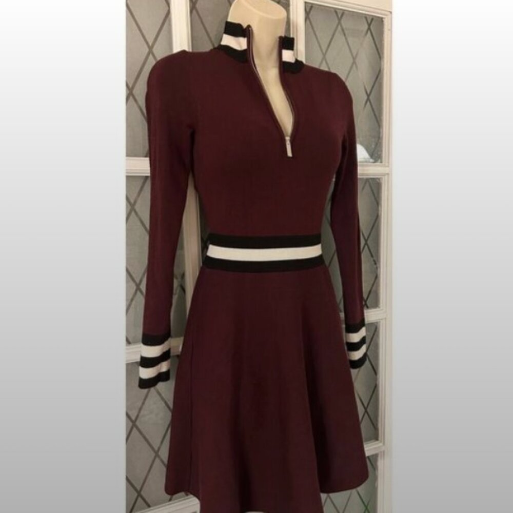 Karen Millen Fit and Flare Mini Dress Burgundy Size XS - Picture 3 of 9